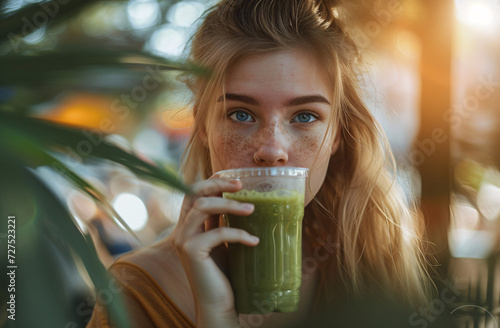 Casual Beauty Enjoying a Green Smoothie Amidst Nature: A Freckled Young Woman with Sandy Blonde Hair in a Mustard Top