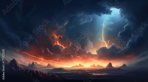 Alien land landscape with giant planet and mountains. Fantasy wall paper.