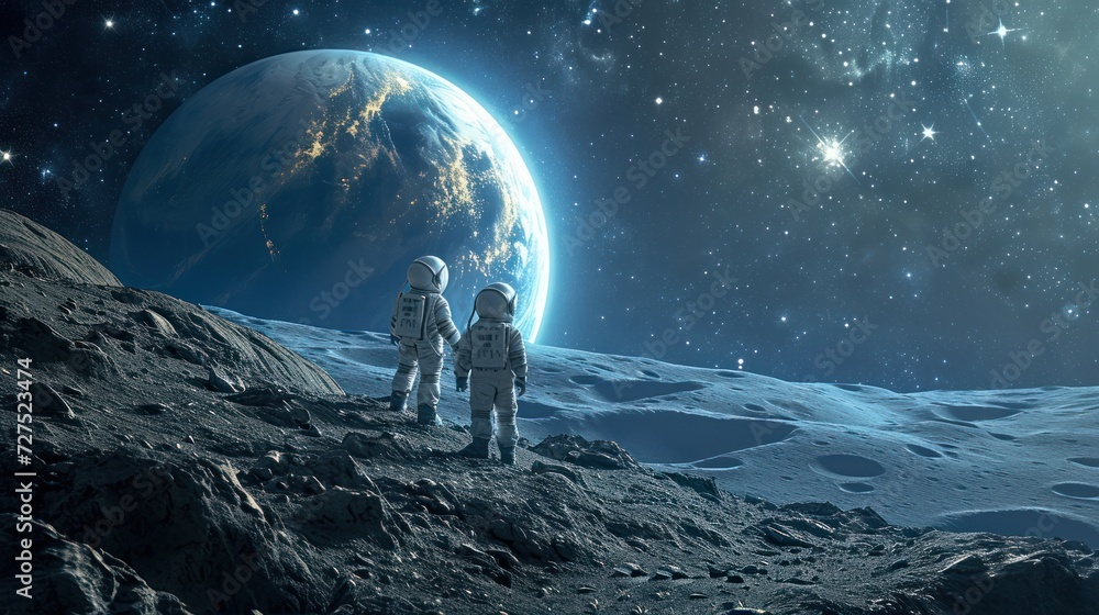 Two astronauts explore alien land landscape with giant planet and mountains. Fantasy wall paper.