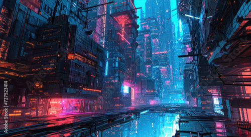 Close-up street view of a futuristic city cyberpunk.