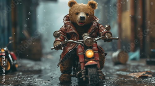 A bear in a biker jacket, roaring on a miniature motorcycle. photo