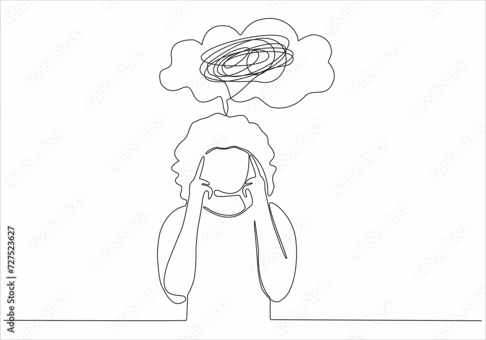 Continuous line drawing of young woman feeling sad, tired and worried suffering from depression in mental health. problem, failure and broken heart concept isolated on white background Continuous line drawing of young woman feeling sad, tired and worried suffering from depression in mental health. problem, failure and broken heart concept isolated on white background