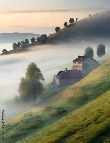 hillside near the village in morning mist Generative AI