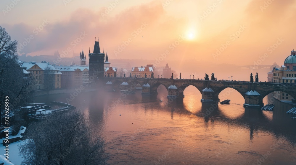 Fototapeta premium Charles bridghe with beautiful historical buildings at sunrise in winter in Prague city in Czech Republic in Europe.
