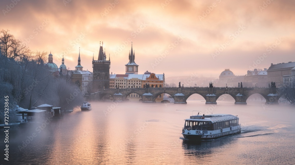 Charles bridghe with beautiful historical buildings at sunrise in winter in Prague city in Czech Republic in Europe.
