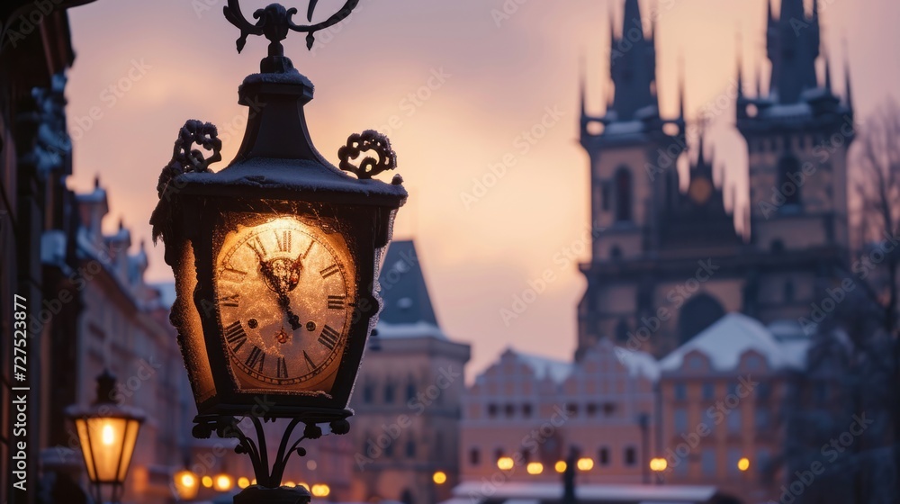 Clock with beautiful historical buildings of Prague city in Czech Republic in Europe.