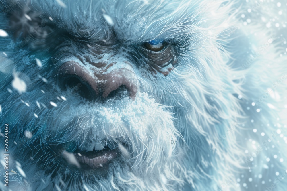 The intense gaze of the snow-covered creature pierces through the blizzard, its fur frosted by the unrelenting snowfall. The intense gaze of the snow-covered creature pierces through the blizzard, its fur frosted by the unrelenting snowfall.