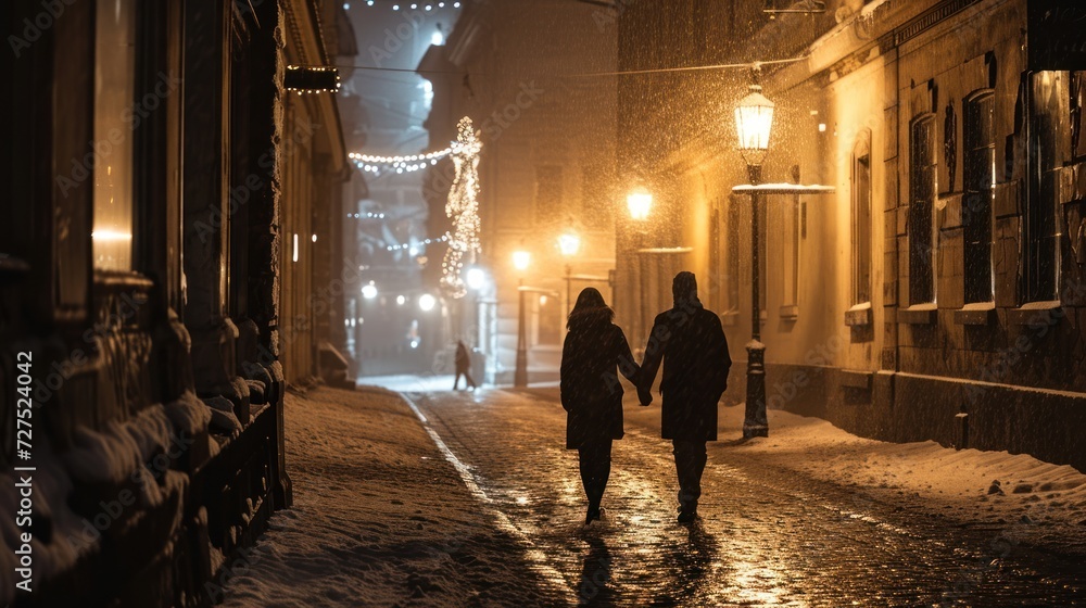 Silhouette of a couple in love in street with historic buildings in the city of Prague, Czech Republic in Europe.