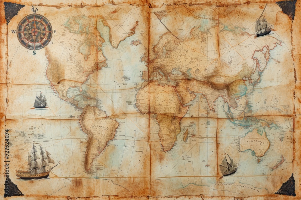 This aged world map conjures visions of epic sea voyages, with its illustrated ships, weathered edges, and an ornate compass rose.