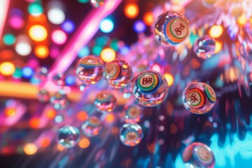 Transparent bingo balls float in a whimsical dance, illuminated by a vibrant kaleidoscope of neon lights, echoing the excitement of a bustling bingo hall.