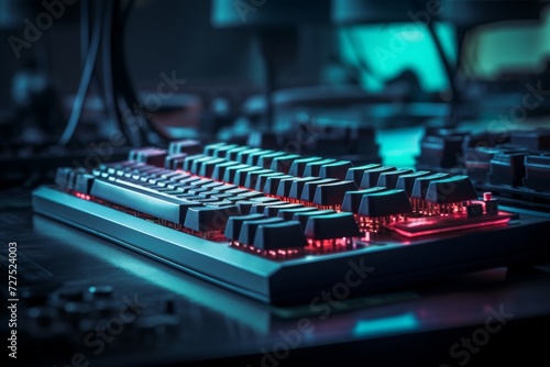 Close-up view of a keyboard keycap in an industrial setting, surrounded by mechanical parts and tools, under the soft glow of fluorescent lights