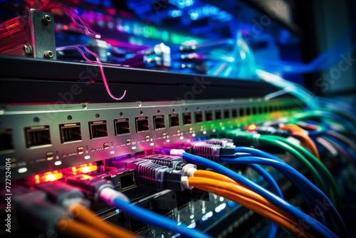 Close-up View of a Router Port in an Industrial Setting, Surrounded by a Maze of Colorful Network Cables and Blinking Lights