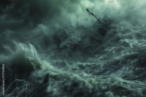 A lone ship battles against the might of a tempest, towering waves threatening to engulf it amid the murky wrath of the sea.