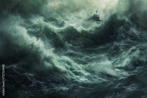 In a storm's fierce embrace, a solitary ship battles the tumultuous sea, its red hull a flicker of resilience against the might of churning waves.