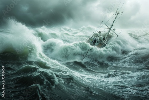 A lone vessel braves the relentless power of a stormy sea, waves towering like mountains around the determined ship. photo