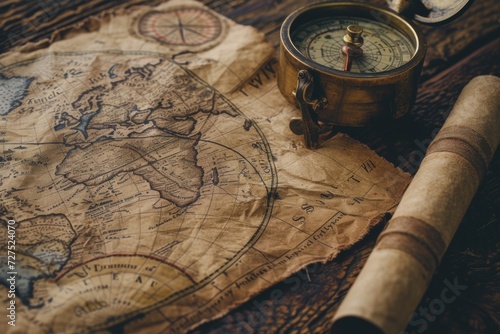 An antique compass lays atop a weathered map, evoking the spirit of age-old explorations and the mysteries of journeys past.