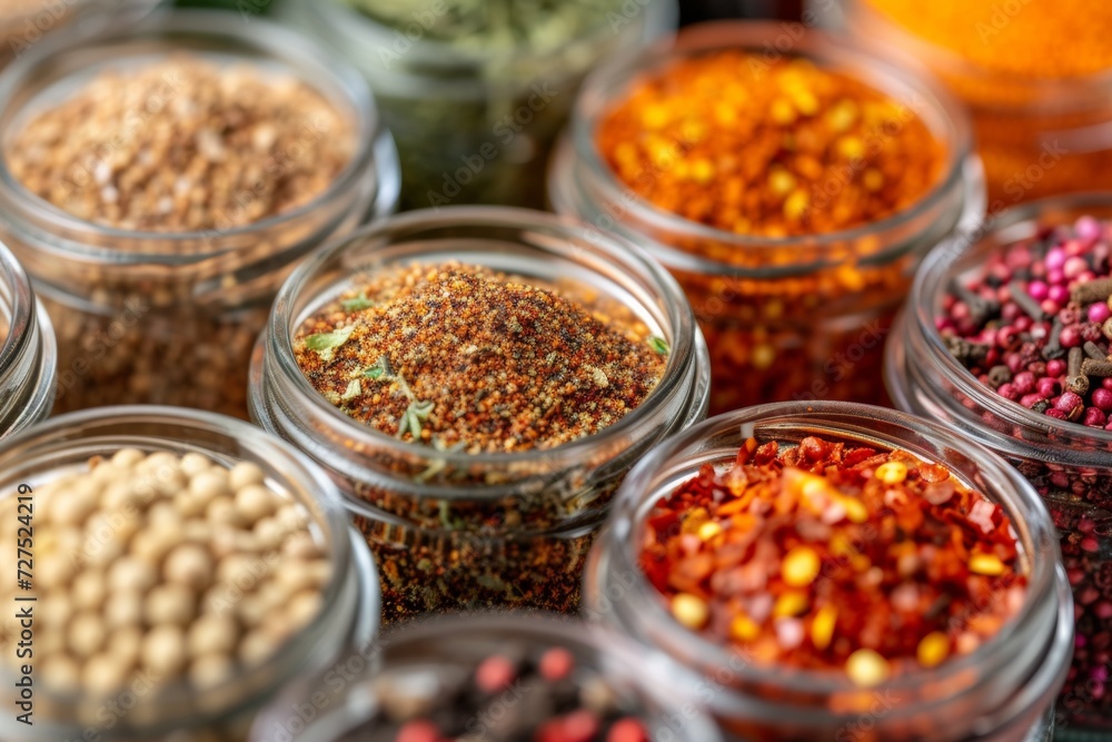 Aromatic spices in glass jars, showcasing a variety of textures and colors, hint at the flavor complexity they bring to cuisine. Aromatic spices in glass jars, showcasing a variety of textures and colors, hint at the flavor complexity they bring to cuisine.