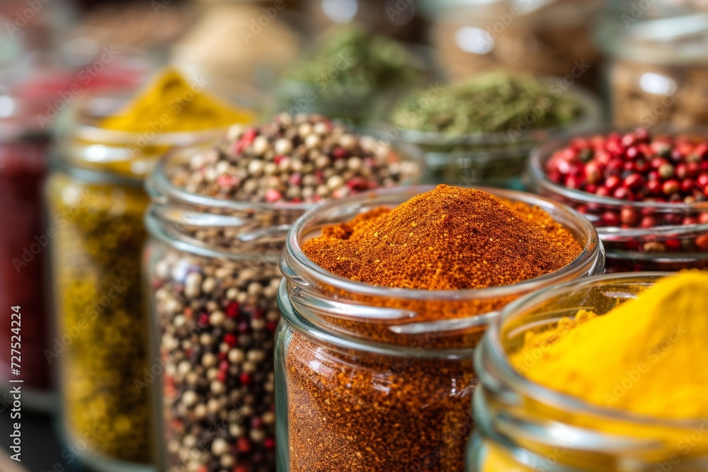 Aromatic spices in glass jars showcase a palette of flavors, vital for culinary masterpieces with each pinch altering a dish's essence. Aromatic spices in glass jars showcase a palette of flavors, vital for culinary masterpieces with each pinch altering a dish's essence.