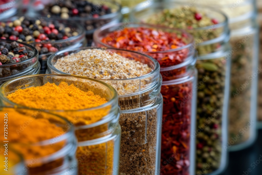 Rows of colorful spices in clear jars display a vibrant tapestry of flavors waiting to enhance countless recipes and dishes. Rows of colorful spices in clear jars display a vibrant tapestry of flavors waiting to enhance countless recipes and dishes.