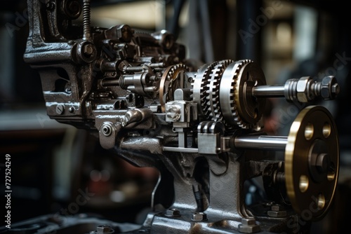 Close-up shot of a sturdy machine handle, set against the backdrop of an industrial environment filled with gears, levers, and metallic structures