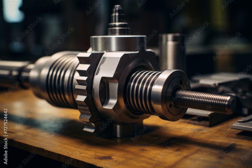 Close-up view of a shiny, metallic extruder screw, meticulously engineered for industrial use, resting on a rustic wooden table against a backdrop of a dimly lit workshop