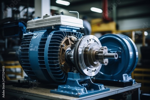 Close-up view of a powerful electric motor in an industrial setting, surrounded by various mechanical parts and tools under the harsh fluorescent lights photo