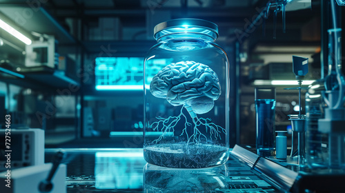 AI's Brain in a Jar in a Futuristic Laboratory, Exposing Elaborate Nerve Connections through a Transparent Container.