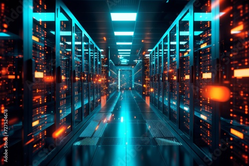 Rows of servers glow with a cybernetic blue, throbbing with the rhythm of data flowing through a modern data center's veins.