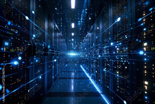 In the heart of a hyper-modern data center, cool blue lights pulse along the corridors of servers, echoing the energetic flow of countless digital interactions.