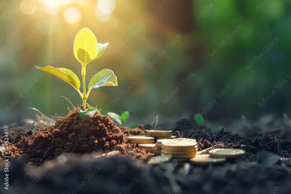 A young plant emerges among coins, symbolizing growth and the potential return on investment in the nurturing soil of opportunity. - obrazy, fototapety, plakaty 
