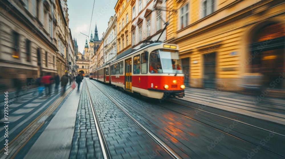 A tram in the street of Prague. Czech Republic in Europe.