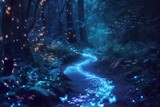 As twilight descends, the enchanted forest path glimmers with a mysterious blue glow, inviting wanderers into a world unknown.