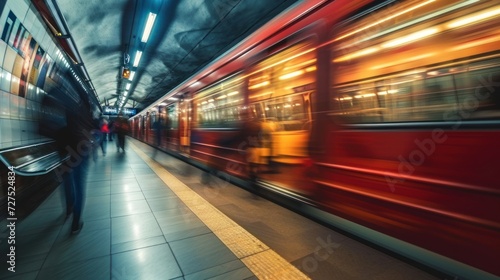 Motion blurred view of subway station with passengers in the city of Prague, Czech Republic in Europe.