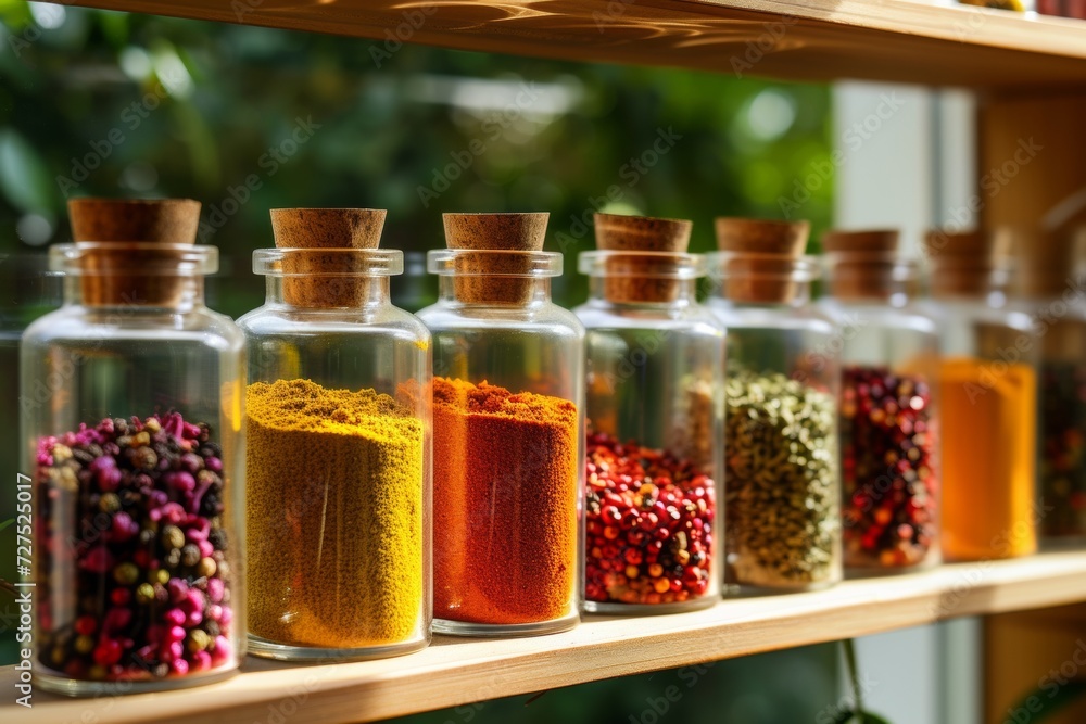 Rows of glass jars line the shelf, each filled with vibrant spices that promise to infuse dishes with flavors from around the world. Rows of glass jars line the shelf, each filled with vibrant spices that promise to infuse dishes with flavors from around the world.