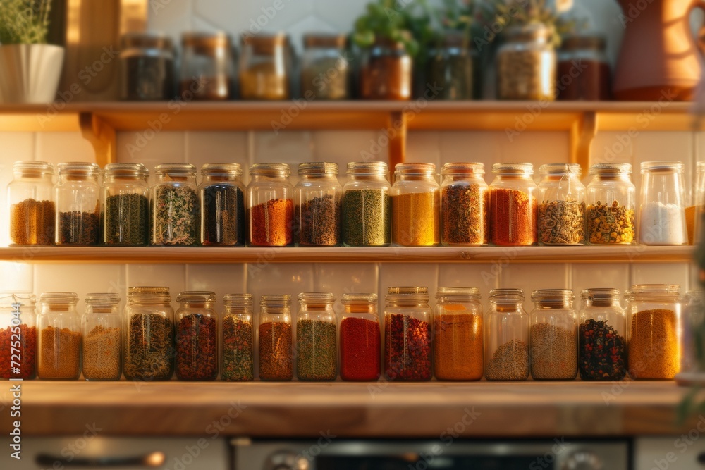 A warm sunset glow bathes a neatly arranged collection of spice jars, showcasing a variety of textures and colors on open shelves. A warm sunset glow bathes a neatly arranged collection of spice jars, showcasing a variety of textures and colors on open shelves.