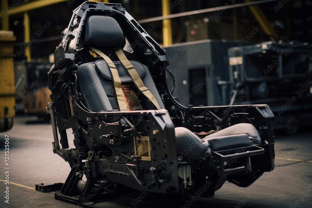 A Detailed View of an Ejection Seat Primarily Used in Military Aircraft, Set Against the Intricate Industrial Background of an Aviation Hangar A Detailed View of an Ejection Seat Primarily Used in Military Aircraft, Set Against the Intricate Industrial Background of an Aviation Hangar