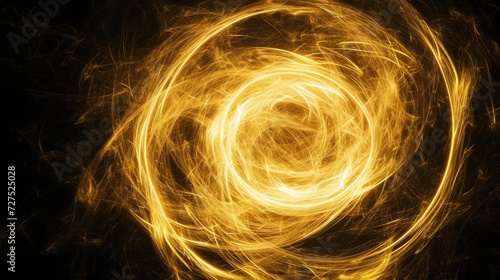 Yellow energy swirls in abstract circles against a deep black background. Ai Generated