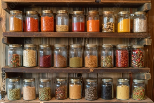 A rustic wooden shelf neatly stores a colorful assortment of spices in glass jars, inviting culinary exploration and flavor discovery.