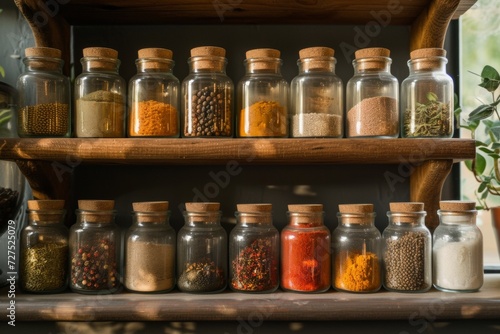 Rows of glass jars topped with cork lids house a collection of colorful spices, providing both functional storage and aesthetic appeal in a cozy kitchen.