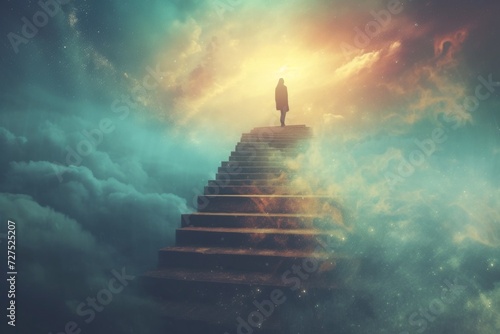 Amidst a celestial dreamscape, a lone figure ascends a mystical staircase, reaching towards the infinite possibilities of the cosmos.