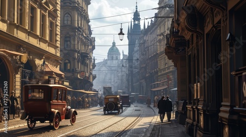 Historical street view of Prague City in 1930's in Czech Republic in Europe.