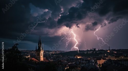 Thunderstorm over Prague city in Czech Republic in Europe.