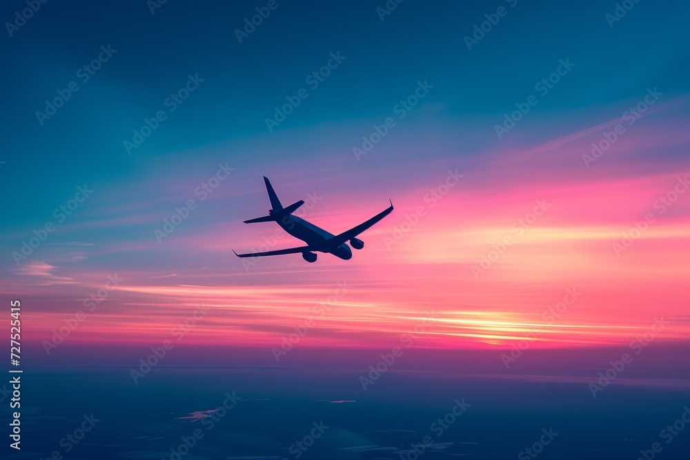 An aircraft soars through a sherbet-colored sky, its silhouette etched against the radiant hues of a waning sunset. An aircraft soars through a sherbet-colored sky, its silhouette etched against the radiant hues of a waning sunset.