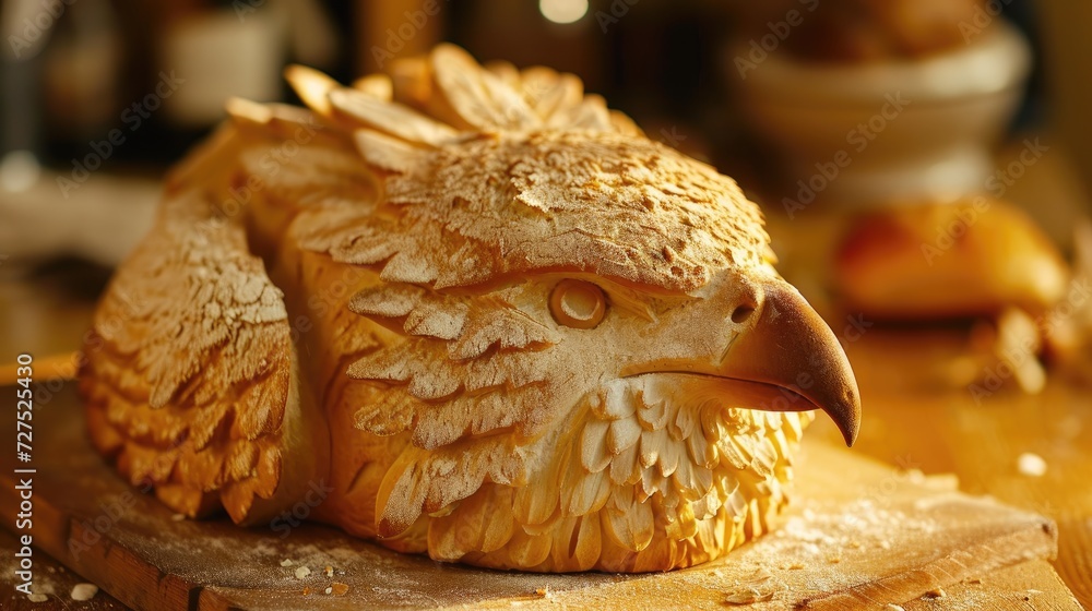 Unique bread loaf resembling an eagle resting on a wooden table, Ai Generated Unique bread loaf resembling an eagle resting on a wooden table, Ai Generated
