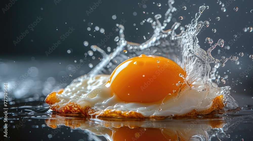 Sizzling fried egg being splashed with water and refreshing orange juice, Ai Generated Sizzling fried egg being splashed with water and refreshing orange juice, Ai Generated