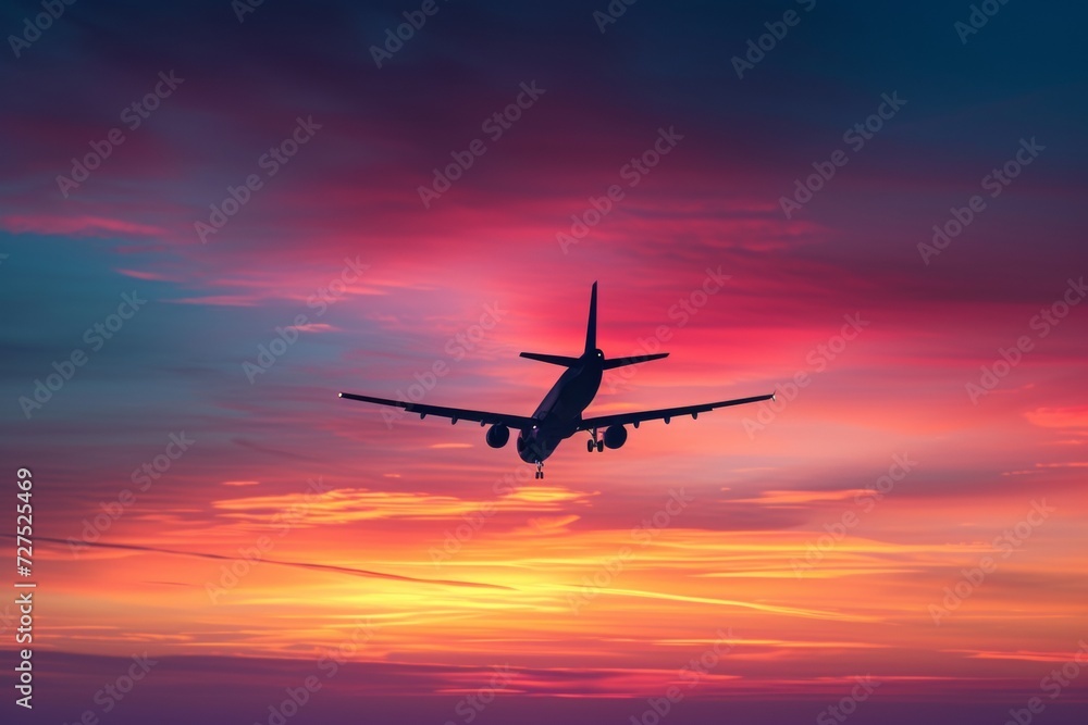 An airplane glides through a breathtaking sunset, painting the sky with hues of pink and orange as it embarks on its journey.