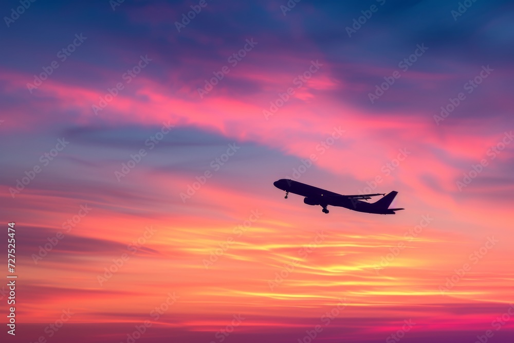 As the day ends, a solitary plane glides across a sky painted with the vibrant hues of sunset, marking the graceful dance between day and night. As the day ends, a solitary plane glides across a sky painted with the vibrant hues of sunset, marking the graceful dance between day and night.