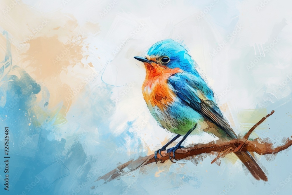 A vibrant bird perches gracefully on a twig, its plumage a splash of colors against a softly brushed artistic backdrop.