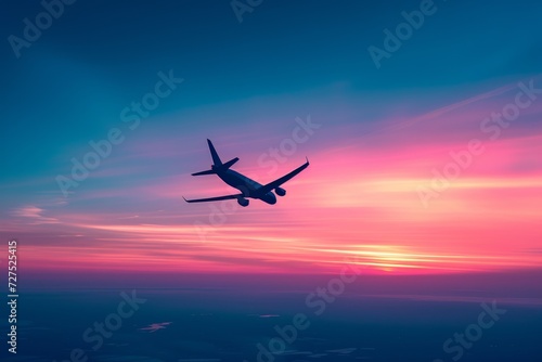 An aircraft soars through a sherbet-colored sky  its silhouette etched against the radiant hues of a waning sunset.