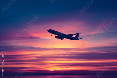 An airplane soars above, silhouetted against a vibrant canvas of sunset hues, painting a serene moment of travel in the skies.